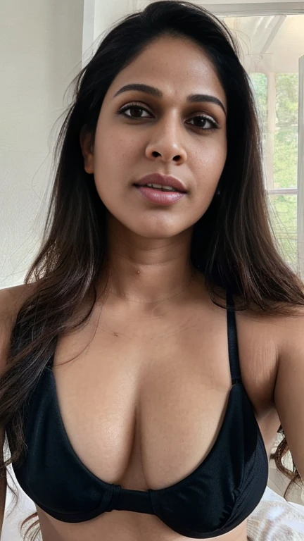 lavanya , closeup face, string black bikini, in bedroom, selfie, ultrarealsitic, body closeup,  close up body shot, cleavage and navel,(( makeup)),fair skin