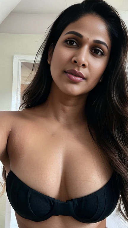 lavanya , closeup face, string black bikini, in bedroom, selfie, ultrarealsitic, body closeup,  close up body shot, cleavage and navel,(( makeup)),fair skin