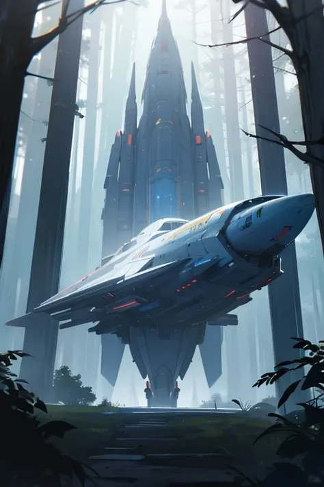 Spaceship parked in big forest 