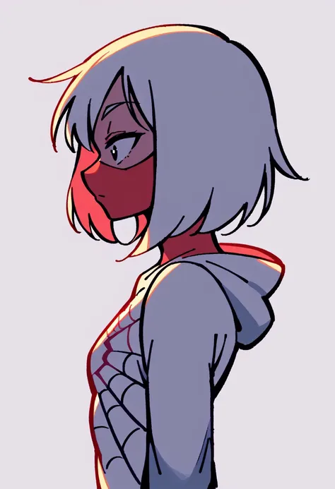 spider-gwen, medium chest, side profile, take off the mask