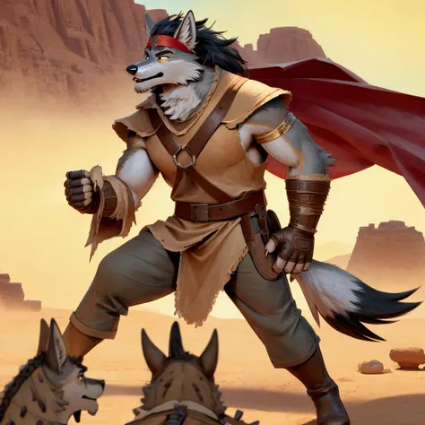 handsome young anthro furry desert coyote fox male, desert ancient times mercenary solider-assasin murderer, handsome model look...