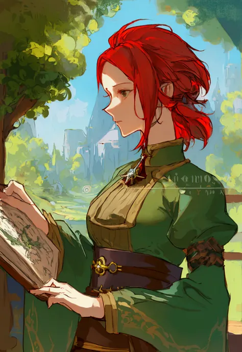 a painting of a woman with red hair, fantasy character portrait, the woman is wearing servant clothes, inspired by Samuel Hieronymus Grimm, fantasy female portrait, boris valejo. octopath traveler, fantasy genre portrait, detailed character portrait, inspi...