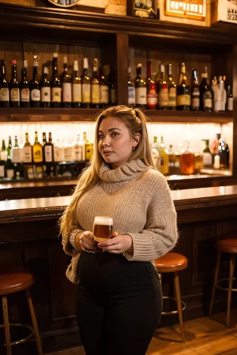 A very drunk, plump Russian girl stands in autumn clothes in a bar with beer and looks confused into emptiness