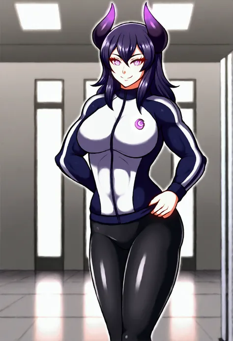 dark eye shadow,shining eyes,beautiful young fitness woman with , in a gym wearing May with black pantyhose, tight white and purple gym jacket. standing alone,hair horns,glowing purple eyes,Evil smile,legging preto ,labiaa,dark eye shadow,shining eyes
