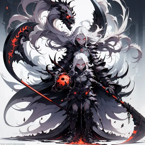 (((Masterpiece, best quality, 16k))) female character with long white hair and piercing red eyes. She wears a demonic armor in purple, black, and white. wields a large, stylized scythe. The character has a menacing expression, with a chaotic environment as...