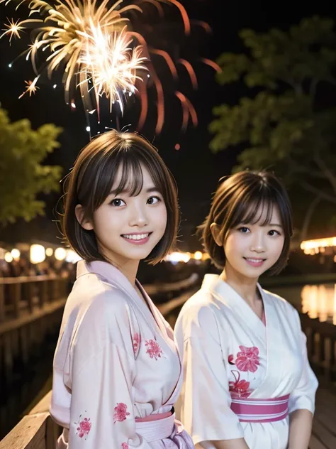 ２people girls, light pink japanese yukata、16 and 14 years old、geta、riverbank、wooden bridge in the background、(((enjoying sparkle...