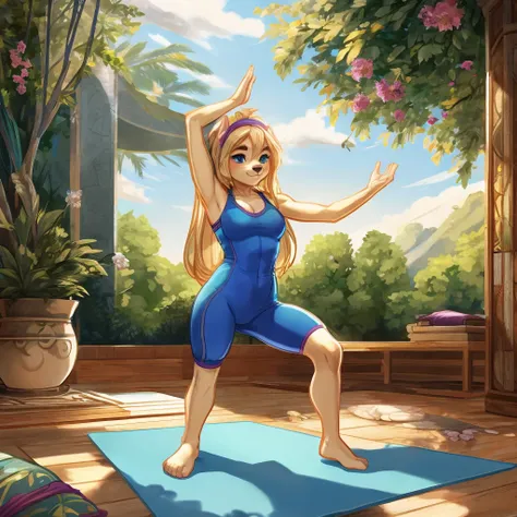 (by pollo chan), (1 furry girl), in a tranquil garden, scene focusing on the furry girl number 1 in a yoga pose, dog girl, (yoga...