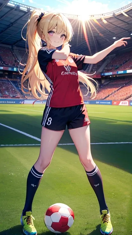  A beautiful young girl with sun-dappled skin, 1 girl, (Whole body), stretching his legs, wearing soccer uniform, long legs, beautiful legs, visible heat, red soccer shoes, black sports shorts, black color, looking at the viewer, slightly pink skin, happy ...