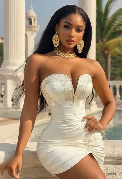 (best high quality:1.5), obra de arte, (8k), extremely detailed, (High details:1.4), Solo, Angolan female with 24 years old, (tight short dress strapless),