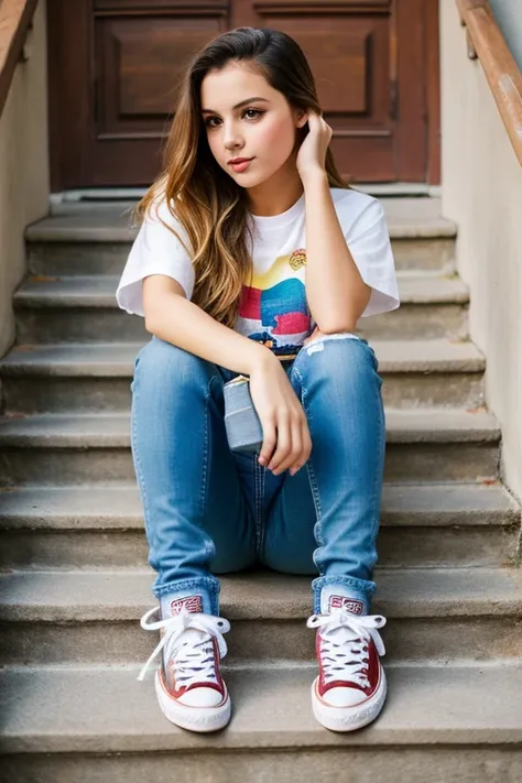 ((best quality)), ((masterpiece)), (detailed), 1girl, full body, cute shirt, colorful jeans and beautiful Converse shoes