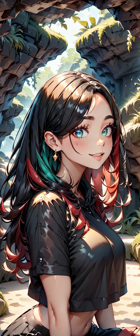 Photo of a girl with natural skin, , ((Baby Face)), Smiling, ((Sitting, Leaning forward)), From the side, Round face, Red mesh hair, ((Upper Body)), Beach cave, The light is shining in, High Twintails, Black hair with red mesh, Sharp eyes with red eyeshado...