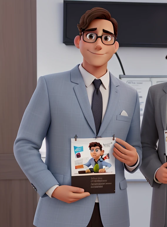 Poster not in the Disney Pixar style, high qualiy, best qualityer, sexy brunette man, 26 years old short hair  , glasses square black , brown dark eyes, formal wear dress 