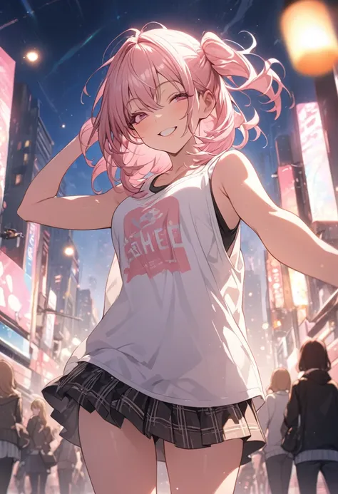 masterpiece, Highest quality, Highly detailed CG Unity 8K wallpapers, High School Girl Anime Illustration, Red and black checked skirt, An oversized tank top that reaches up to the knees、piece sign、she has her eyes closed and mouth open, smile. The backgro...