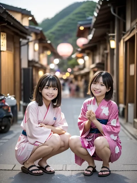 ２people girls, light pink japanese yukata、16 and 14 years old、geta、((riverbank))、(((both of them are squatting with the hems of ...