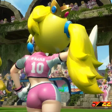 a close up of a woman in a pink and white uniform, ps 2 screenshot, sfw version, princess peach, tomba, peach, of virtua figther, hd screenshot, princess peach), arms akimbo pose, screenshot, wario, brawl, a human-like juicy peach, video game screenshot>, ...