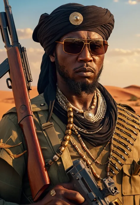 African military man is in the desert in the middle of the sunset, serious expression, wears sunglasses, black turban, many necklaces, belt with bullets, holds a Kalashnikov assault rifle, is in the African savanna, Ultra detailed, hyper realistic, 4k, Ult...