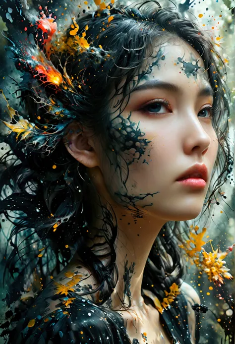 (((in dark fantasy ink splatter art:1.3))), beautiful girlfriend portrait, mesmerizingly beautiful scenery appears, chaotic blac...