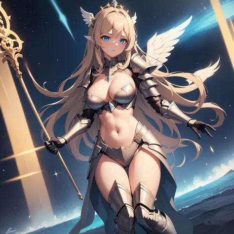 (((masterpiece))) (((highest quality))) (((8k resolution))) Queen in power armor, (gothic style), (full body shot 1.2), bellybutton, The most beautiful and sexy angel goddess, with long light brown hair, and glowing blue eyes, wearing intricate white gothi...