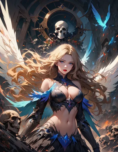 Detailed textures, high quality, high resolution, high accuracy, realism, color correction, correct lighting settings, harmonious composition. a digital illustration of a woman with angelic wings on a battlefield, 1girl, skull, breasts, navel, solo, long h...