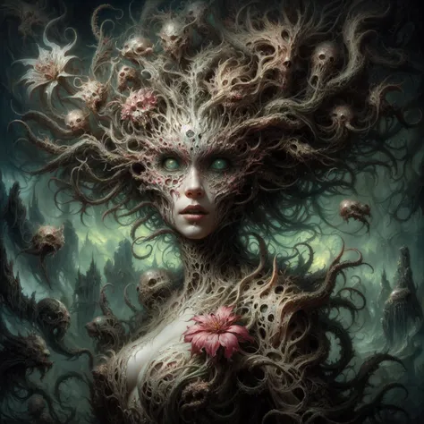 a painting of a woman with a strange face and tentacles, fantasy horror art, symmetrical epic fantasy art, dark fantasy horror art, horror fantasy art, humanoid flora, fantasy dark art, stefan gesell, inspired by tomasz alen kopera, hauntingly beautiful ar...