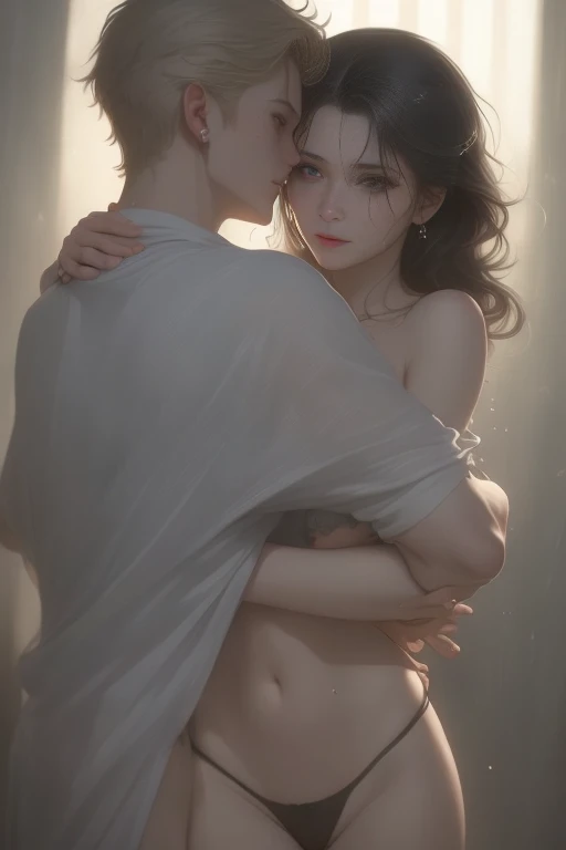 High-quality images of couples: blond man (Tall、Statue-like、Handsome and、Brave young man、Blue eyes、Curly golden hair、Wearing a grey antique military uniform) A woman with black hair (long straight black hair、Long Bangs、Blackberry eyes、A beautiful young fem...