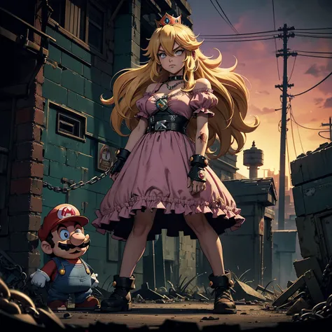 "Create a gritty, punk-style image featuring three characters: a distressed version of Princess Peach with long blonde hair, wearing a torn pink dress with a crown logo, and chains around her wrists. She stands between zombie-like versions of Mario and Lui...