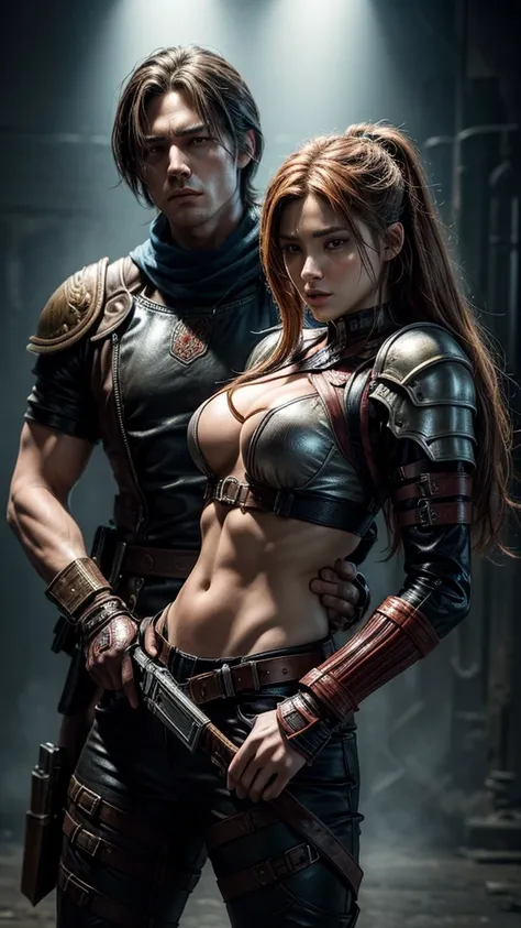 a highly detailed and dynamic character portrait of a female warrior, standing tall and proud, her fighter companion by her side, reminiscent of Leon Kennedy from the video game series, vibrant colors, masterful lighting, intricate details, photorealistic