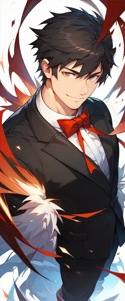 black hair,boy,(teen),fullbody,masterpiece,standing, black suit,brown eyes,light complexion,soft smile,red bowtie,solo,standing straight,bangs,wellbuilt,handsome,fringe bangs,muscular,