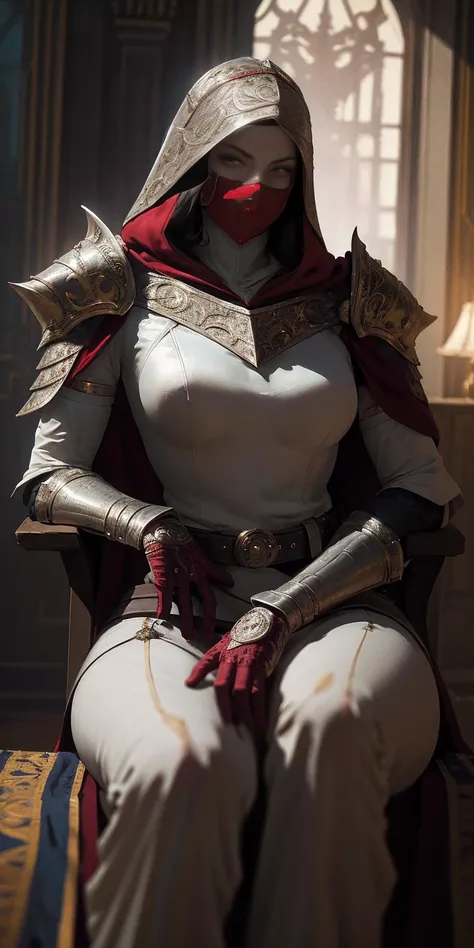 (masterpiece, Best Quality, absurd, 4k, Aesthetic, detailed, Intricate, perfect lighting) cinematic angle, 1solitaria, Sitting on the throne, elbow rest, castle interior, face mask, hood, layer, belt, armor, Cloak, red gloves gauntlets, corona