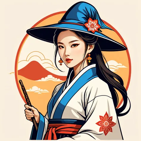 female	mage	in korean folk outfit	,vector graphics, strong contours, logo design																						