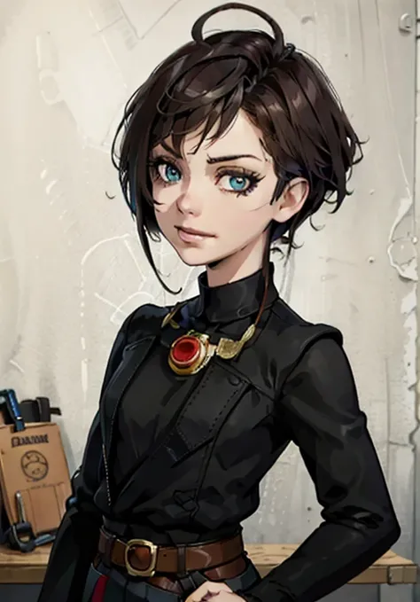 (high-quality, breathtaking),(expressive eyes, perfect face) Symmetrical Eyes, portrait, Star Wars Universe, 1girl, female, adult, mechanic, punk jacket, shirt, short sleeved, gloves, pants, belt, wrench, crystals on belt, messy hair, black hair color, bro...