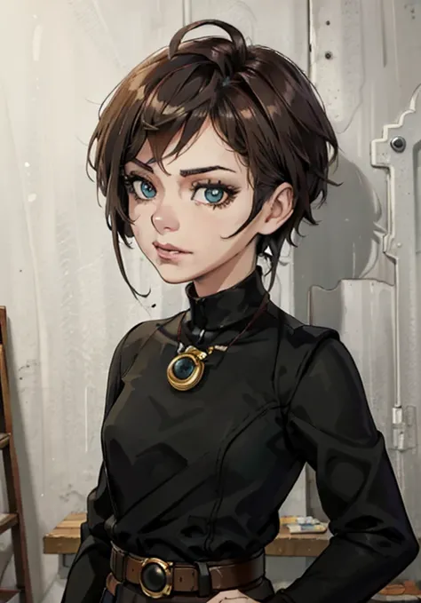 (high-quality, breathtaking),(expressive eyes, perfect face) Symmetrical Eyes, portrait, Star Wars Universe, 1girl, female, adult, mechanic, punk jacket, shirt, short sleeved, gloves, pants, belt, wrench, crystals on belt, messy hair, black hair color, bro...