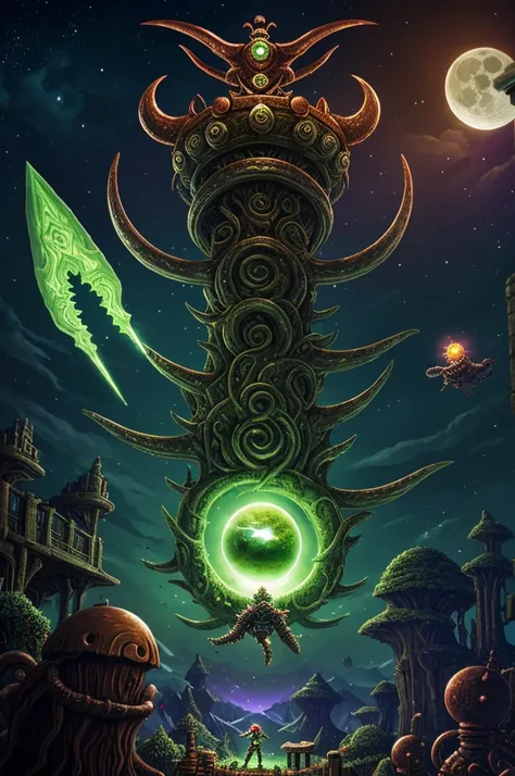 Create a Terraria-based image of a player with a short copper sword and wooden armor fighting a green slime while in the sky behind the moon they are watched by the Lovecraftian god Chutulu and a giant flying eye.