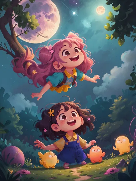 Luna smiling and looking up in wonder as she floats higher into the night sky on the luminous moonbeam path, blue, pink, pastel yellow, bright theme, HD, 4K