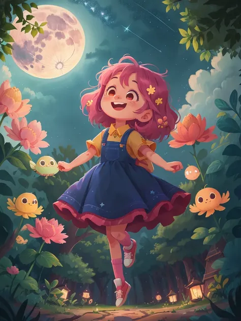 Luna smiling and looking up in wonder as she floats higher into the night sky on the luminous moonbeam path, blue, pink, pastel yellow, bright theme, HD, 4K