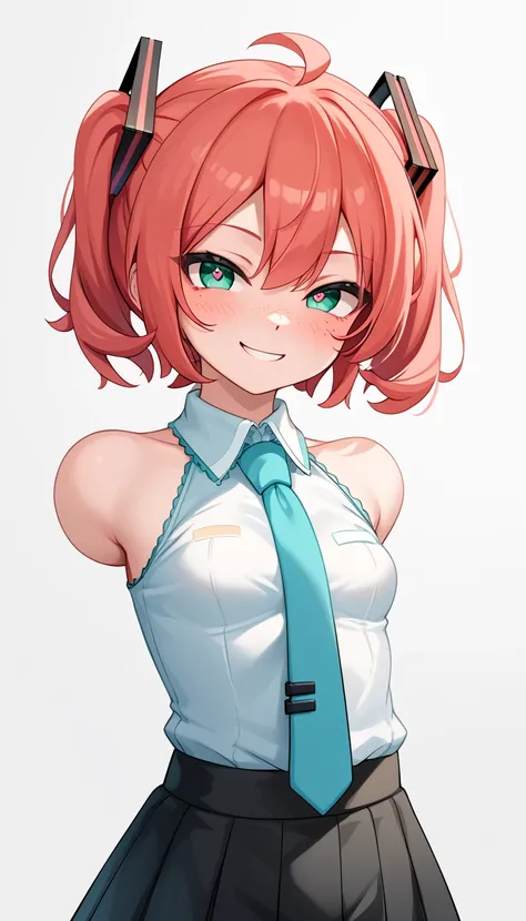 1 Girl, Small Breasts, Green Eyes, Heart Eyes, Deep Red Hair, Short Hair Style, Pale White Skin, Smooth Skin, Face Freckles, Slutty, Sexy, Sassy, Smirking, Tease, Teasing, Teasing, Sexy Pose, Young Girl, Very Small Girl, 8 Years Old, Cosplay Hatsune Miku,