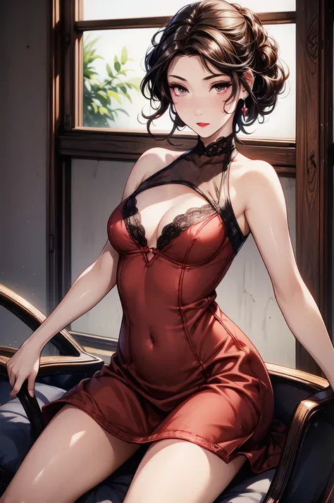 (8K HDR photorealistic pic), Betty Boop, short, althetic, curvy lady, ((tight little red dress)), dark eyebrows, black lipstick, (hoop earrings), dark eyeshadow, black lipstick, curvy, busty, (curly short black hair), shortstack, (retroussé breasts), darli...