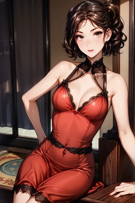 (8K HDR photorealistic pic), Betty Boop, short, althetic, curvy lady, ((tight little red dress)), dark eyebrows, black lipstick, (hoop earrings), dark eyeshadow, black lipstick, curvy, busty, (curly short black hair), shortstack, (retroussé breasts), darli...