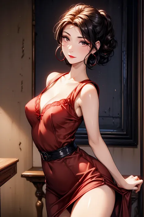 (8K HDR photorealistic pic), Betty Boop, short, althetic, curvy lady, ((tight little red dress)), dark eyebrows, black lipstick, (hoop earrings), dark eyeshadow, black lipstick, curvy, busty, (curly short black hair), shortstack, (retroussé breasts), darli...