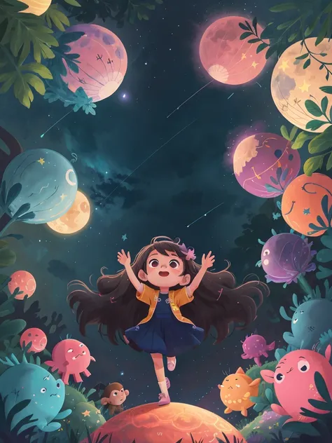 Luna floating among the stars, with the Big Dipper constellation waving hello and Orion giving her a friendly nod, blue, pink, pastel yellow, bright theme, HD, 4K