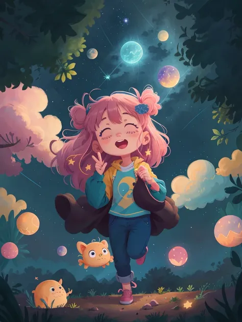 Luna floating among the stars, with the Big Dipper constellation waving hello and Orion giving her a friendly nod, blue, pink, pastel yellow, bright theme, HD, 4K