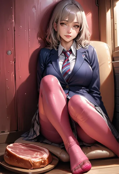 (8k), (best quality: 1.2), (realistic), (realistic: 1.37), ultra high resolution, (1 girl), cute, laugh, closed mouth, beautiful details, beautiful nose, wet hair, huge two cells, pork, thighs，Self Snap,College student ,Simple navy blue blazer,pleated skir...