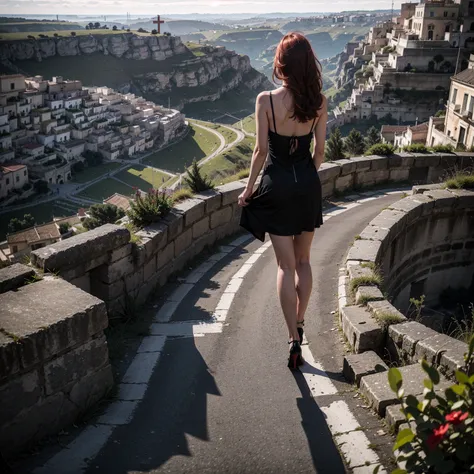 sassi_di_matera, (a religious Italian woman climbs a country road towards a church in the hills), a church at the top of the hill, ((gorgeous Lady walking in the streets of Matera. 1woman redhead wearing a night black dress with open back)), atmospheric ol...