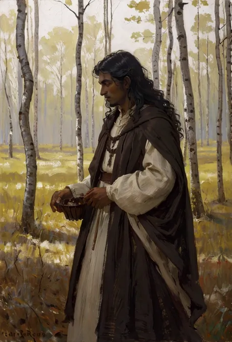 Dark-skinne A dark-white-skinned man with wavy short hair dressed in light, warm medieval clothes against the background of a birch forest  