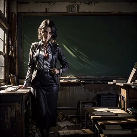 
an undead teacher on the desk inside a sinister and dilapidated school, next to her an old damaged blackboard