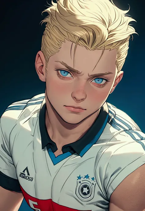 Toni Kross with the anime-style Germany shirt , short blonde quiff, blue colored eyes, Standard scenario , steady look , (( image without deformities )) , best resolution , best qualityer , ​masterpiece, 