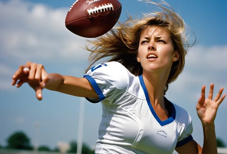 Dutch Angle. Photo, Closeup female quarterback throwing a football, midriff. Style by Masamune Shirow, Canon 5d Mark 4, Kodak Ektar, 35mm