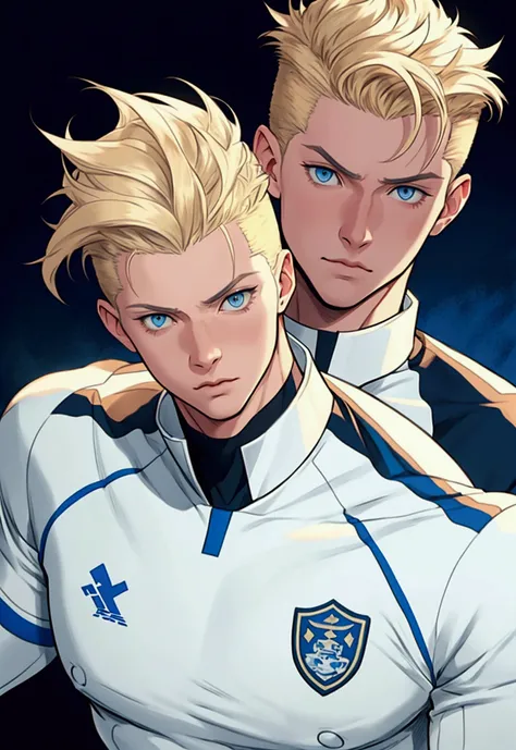 Toni Kross in a white anime-style uniform playing football, short blonde quiff, blue colored eyes, Standard scenario , steady look , (( image without deformities )) , best resolution , best qualityer , ​masterpiece,