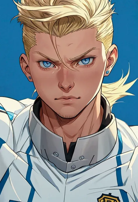 Toni Kross in a white anime-style uniform playing football, short blonde quiff, blue colored eyes, Standard scenario , steady look , (( image without deformities )) , best resolution , best qualityer , ​masterpiece,