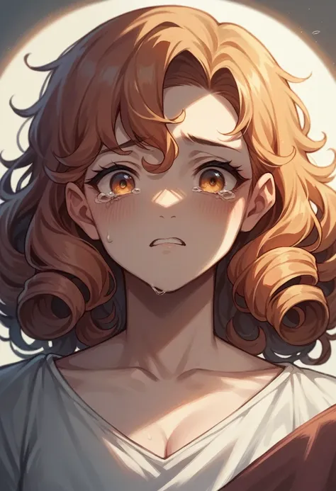 a girl with curly hair playing chirping in a blue and orange sunlit room, with eyes full of tears 